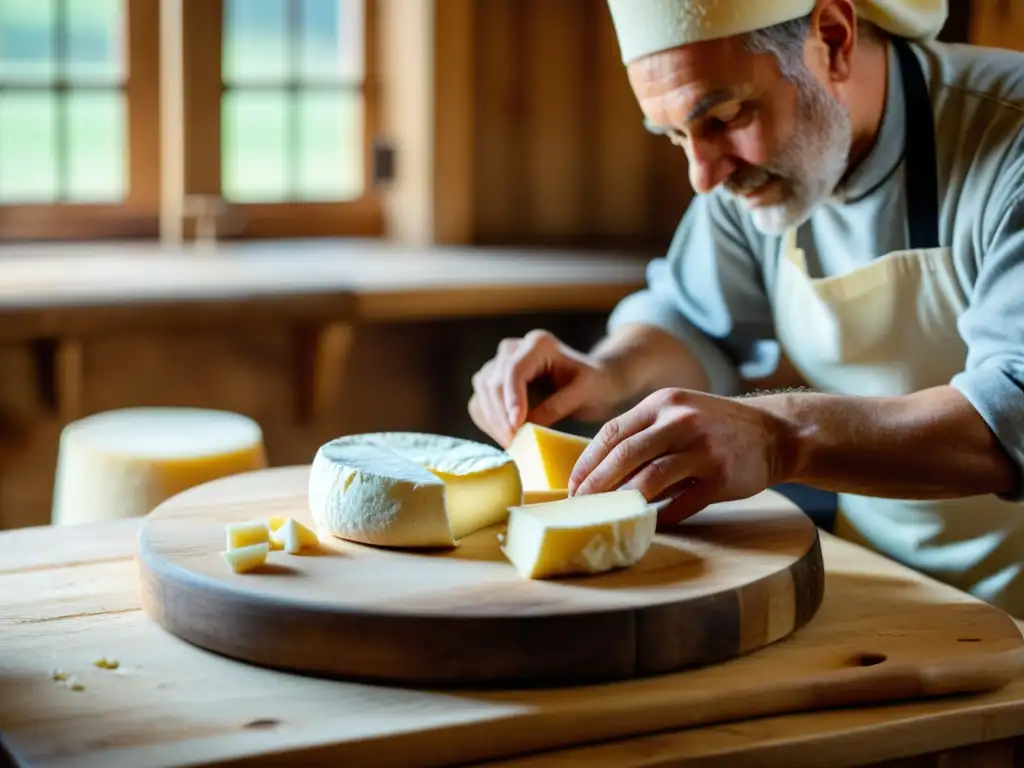 Un experimentado artesano de quesos moldea con cuidado los cuajos de queso orgánico en un taller rústico