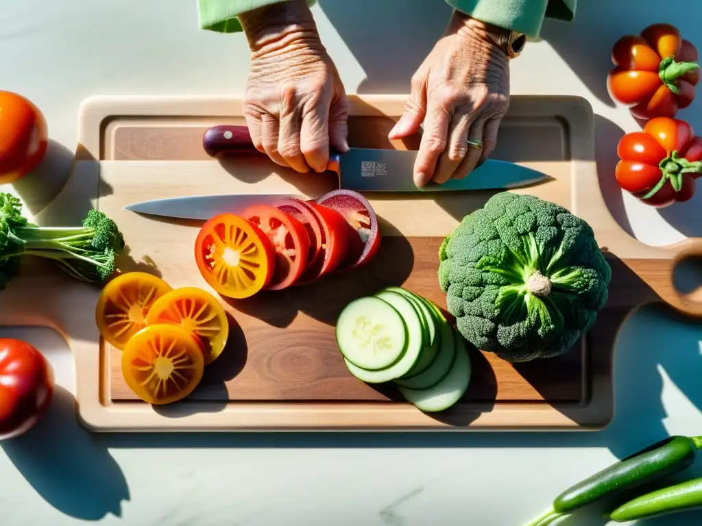 Un experto en cocina orgánica para la tercera edad corta con precisión verduras frescas en una tabla de madera