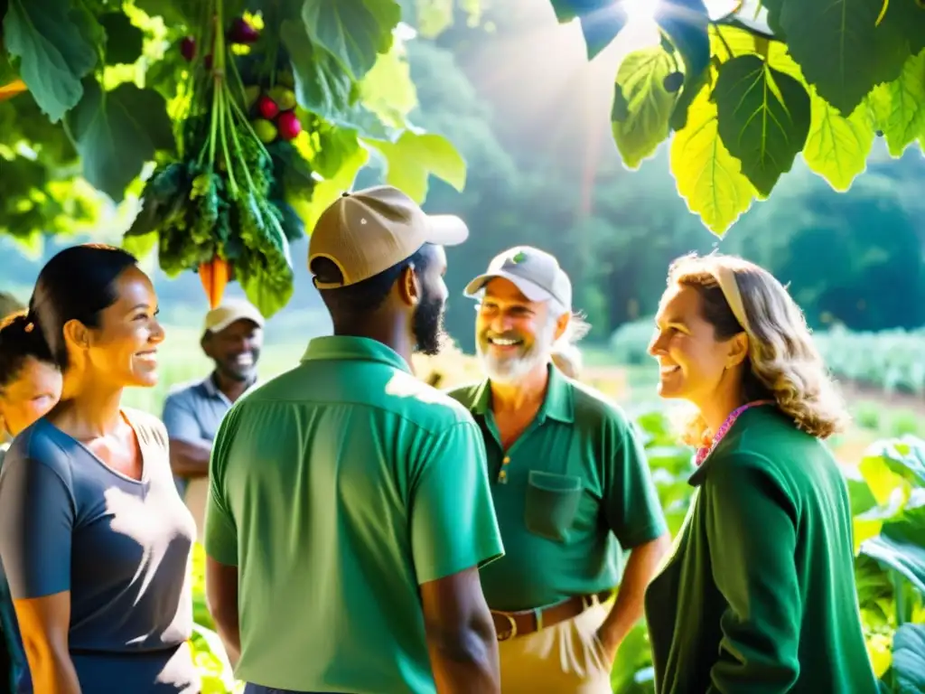 Expertos y agricultores se reúnen en un vibrante campo orgánico, compartiendo conocimientos sobre agricultura sostenible