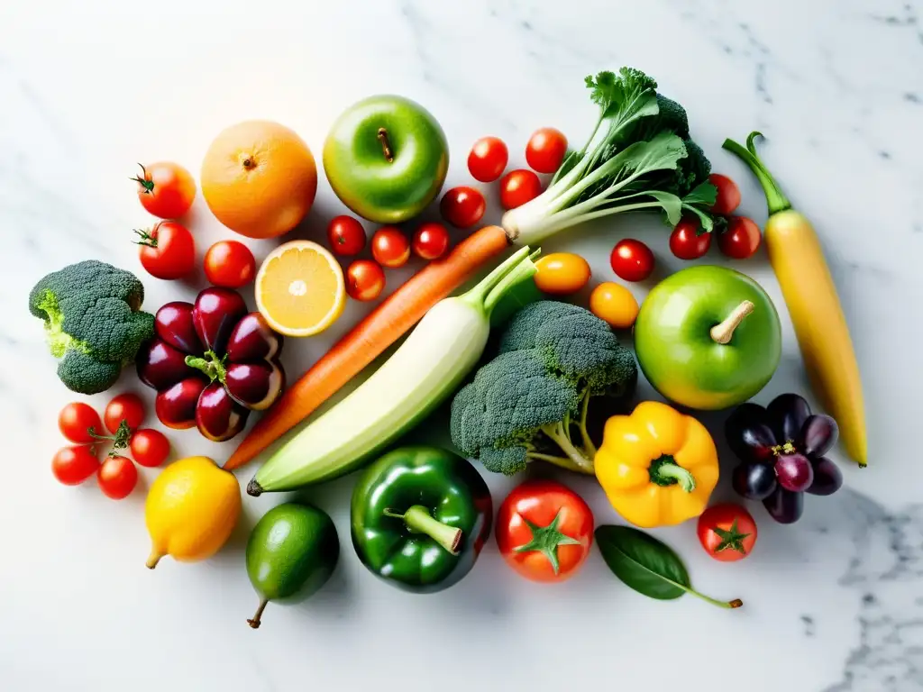 Una exquisita y armoniosa composición de frutas y verduras orgánicas sobre mármol blanco