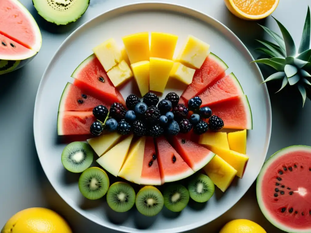 Una exquisita bandeja de frutas frescas dispuestas con arte en un plato blanco moderno