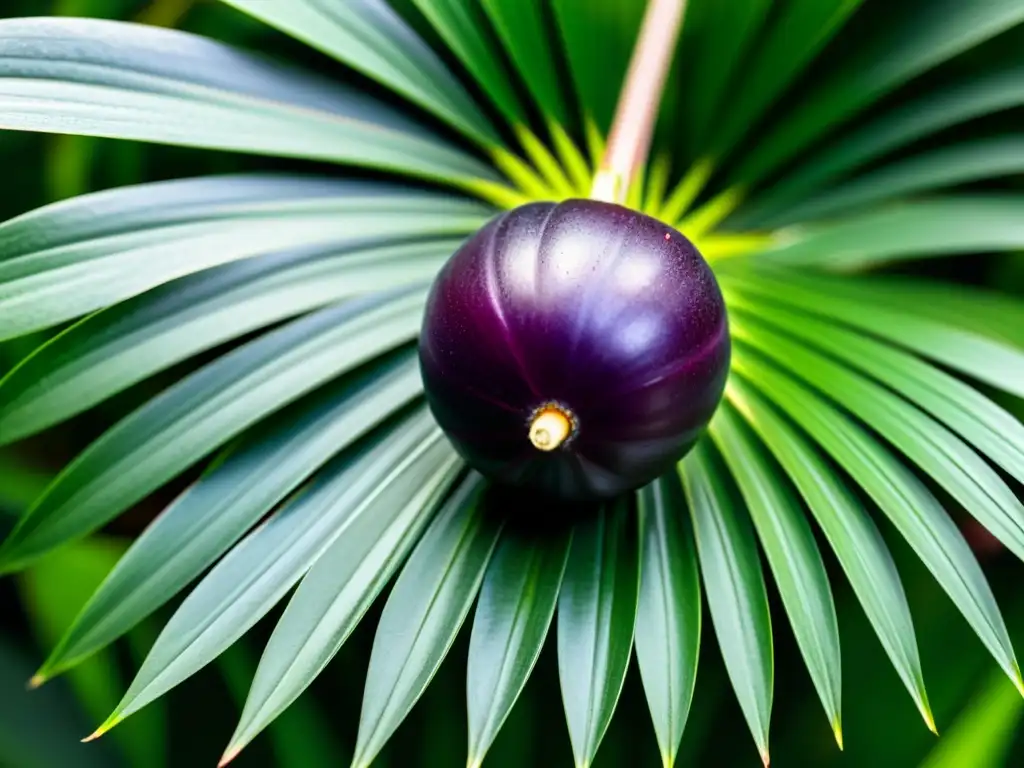 Una exquisita baya de açaí orgánico reposa sobre hojas verdes, evocando la pureza y vitalidad del superalimento amazónico