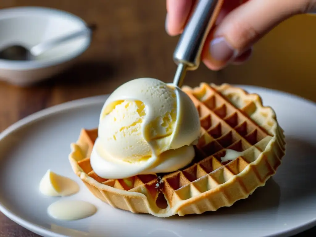 Una exquisita bola de helado de vainilla orgánico sobre un cono crujiente