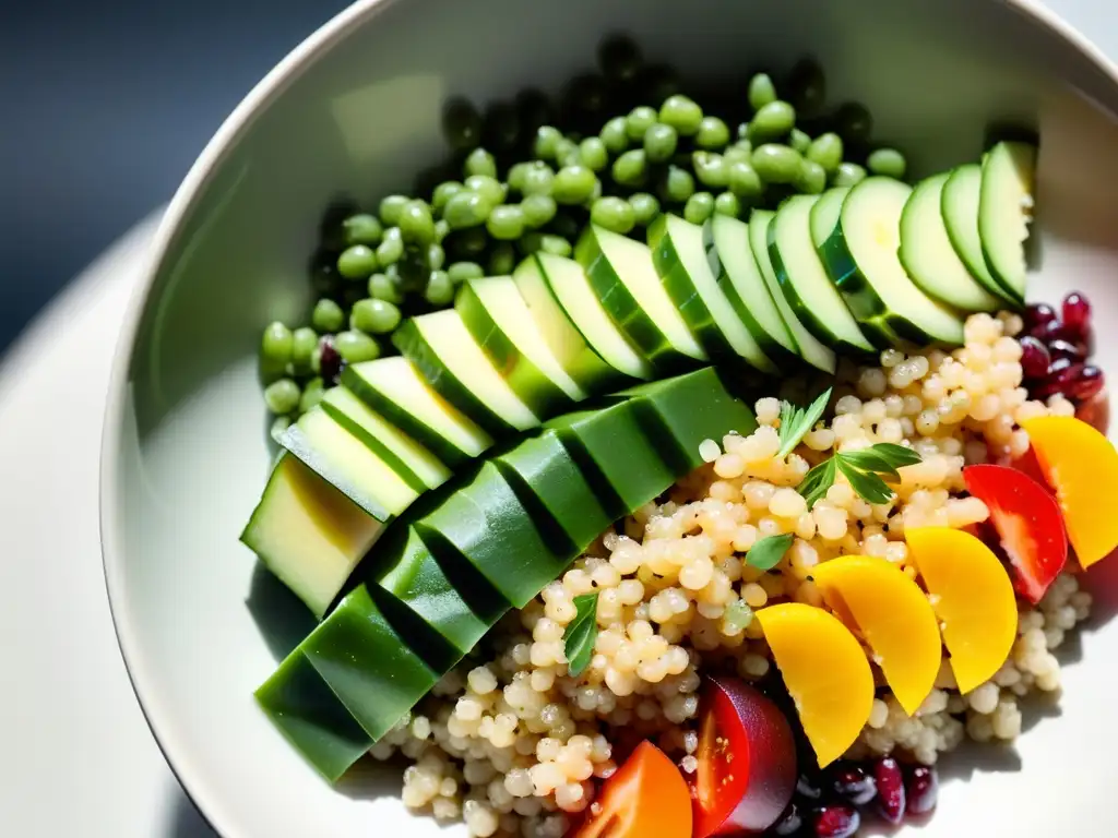 Una exquisita y colorida ensalada de quinua orgánica, una fusión de sabores y colores frescos que evocan arte culinario moderno