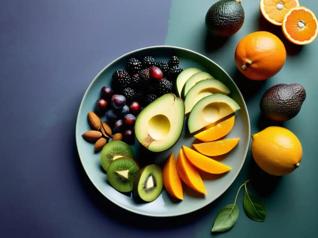 Una exquisita y colorida selección de frutas, verduras, frutos secos y semillas orgánicas en un plato, perfecto para una dieta paleo orgánica