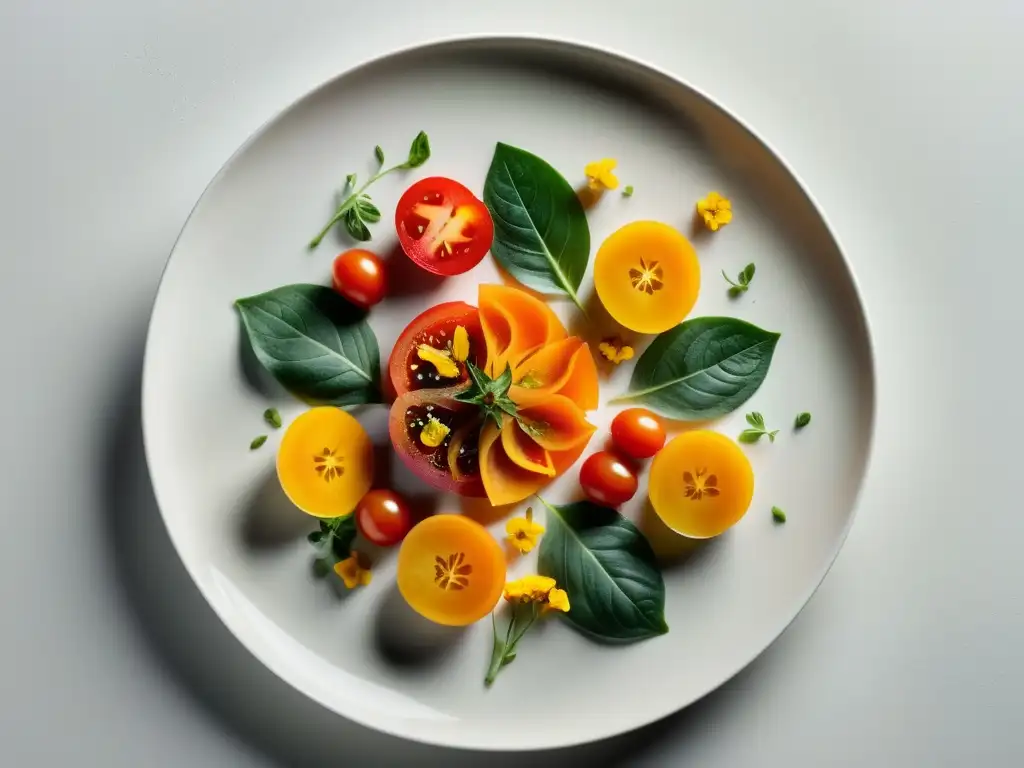 Una exquisita y colorida receta orgánica moderna con ingredientes frescos y vibrantes, presentada de manera artística en un elegante plato cerámico