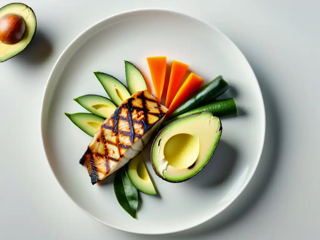 Una exquisita y colorida composición de vegetales orgánicos, pescado a la parrilla y aguacate en un plato blanco