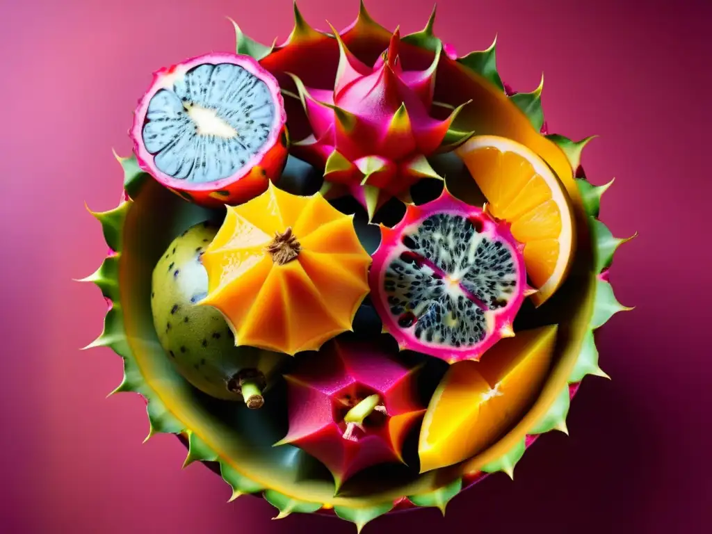 Exótica Fuente de Frutas Orgánicas: Frescura y Color Una exquisita composición de frutas exóticas orgánicas con formas y colores vibrantes, evocando frescura y salud