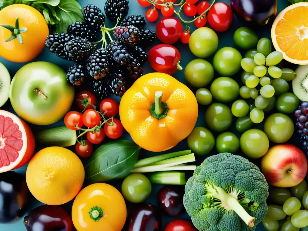 Una exquisita composición de frutas y verduras orgánicas con colores vivos y detalles nítidos