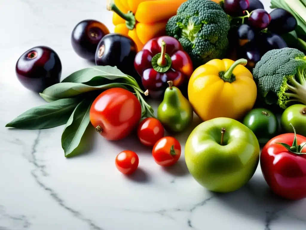 Una exquisita composición de frutas y verduras frescas orgánicas, sobre encimera de mármol blanco