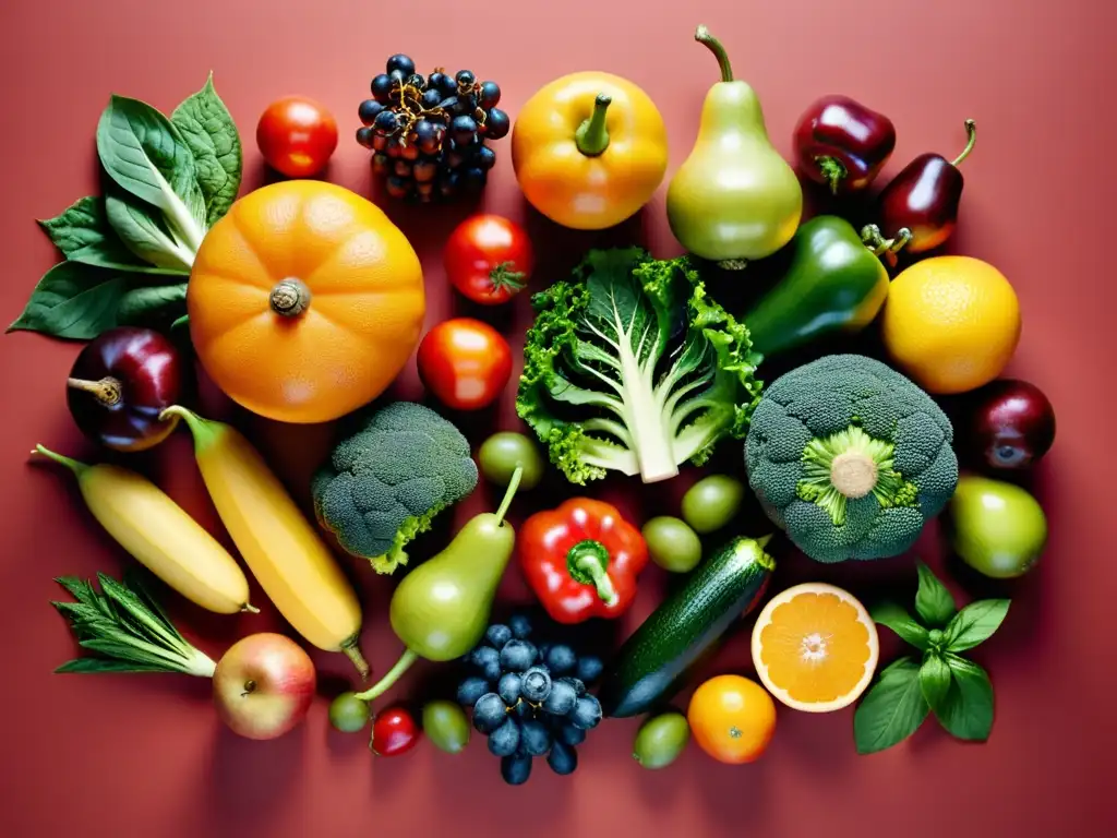 Una exquisita composición de frutas y verduras orgánicas, resplandeciendo en colores vibrantes y texturas frescas