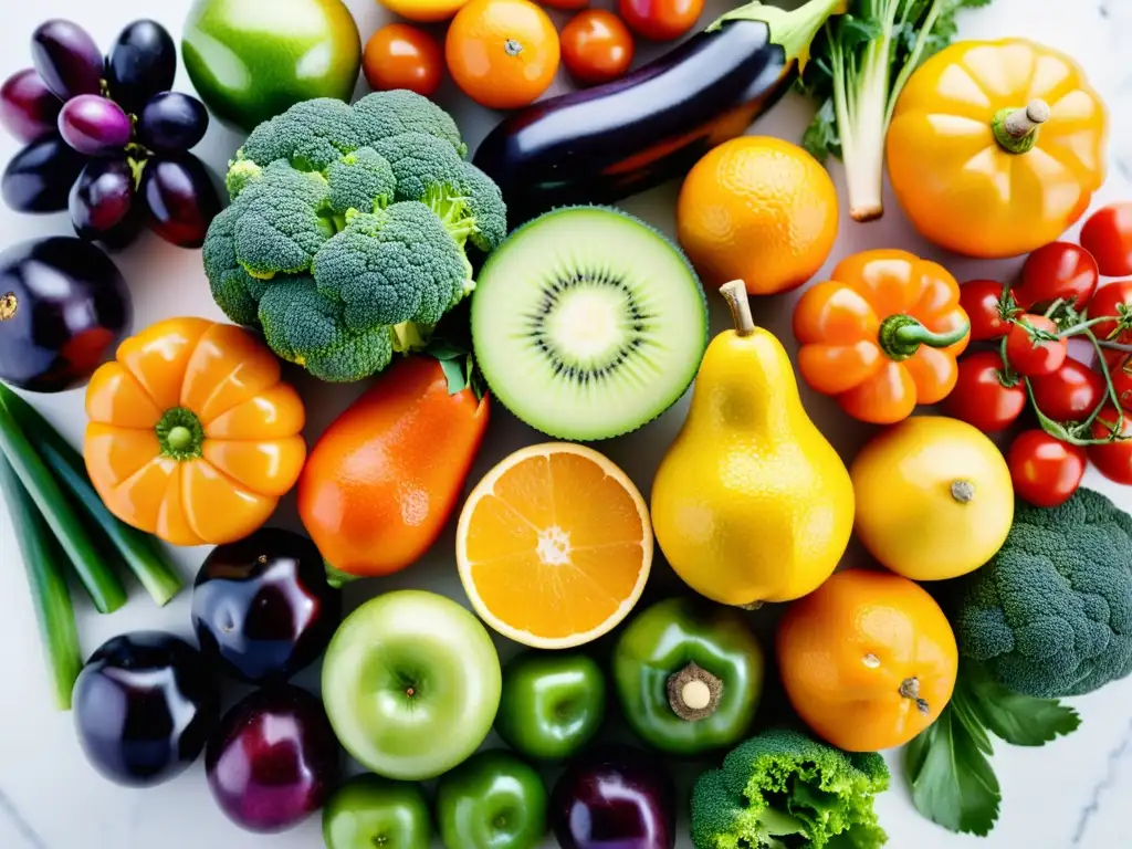 Una exquisita composición de frutas y verduras orgánicas, frescas y vibrantes, sobre mármol blanco