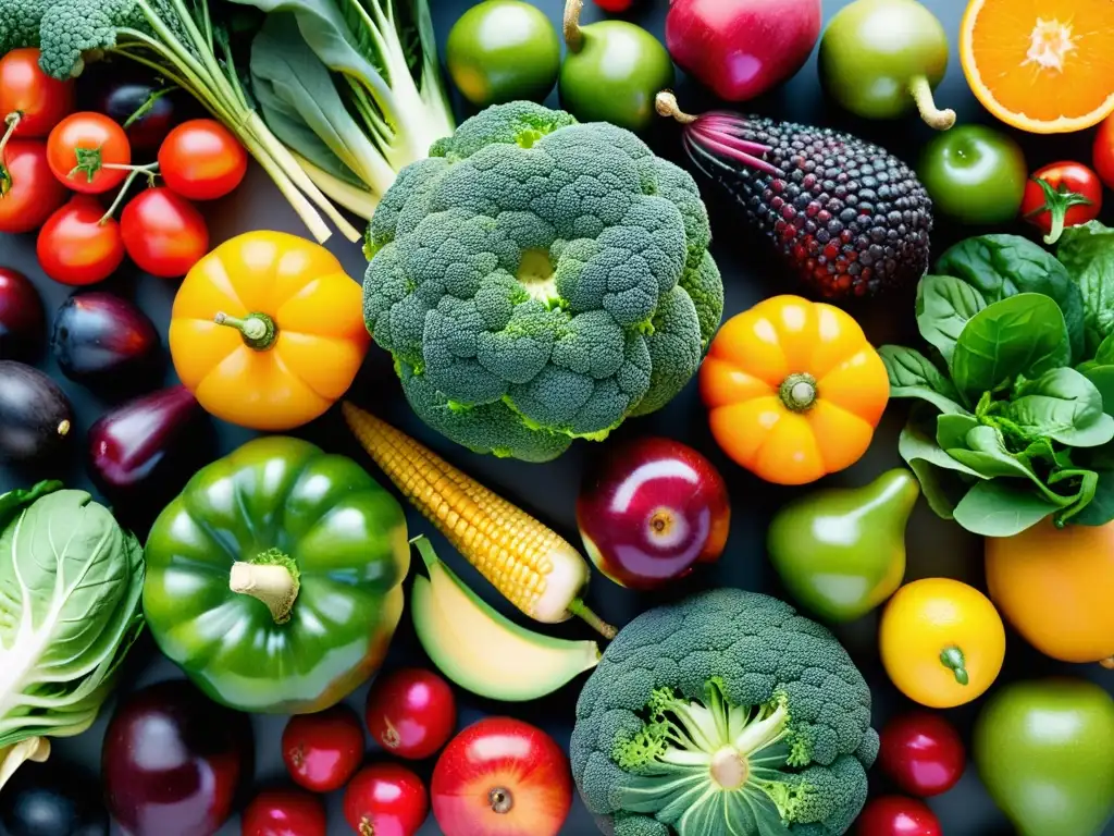 Una exquisita composición de frutas y verduras orgánicas, resalta su belleza natural y diversidad