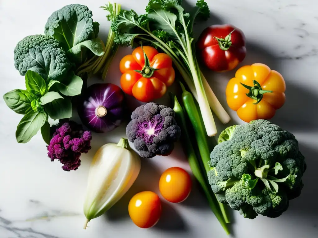 Una exquisita composición de verduras orgánicas resplandecientes en una encimera de mármol blanco