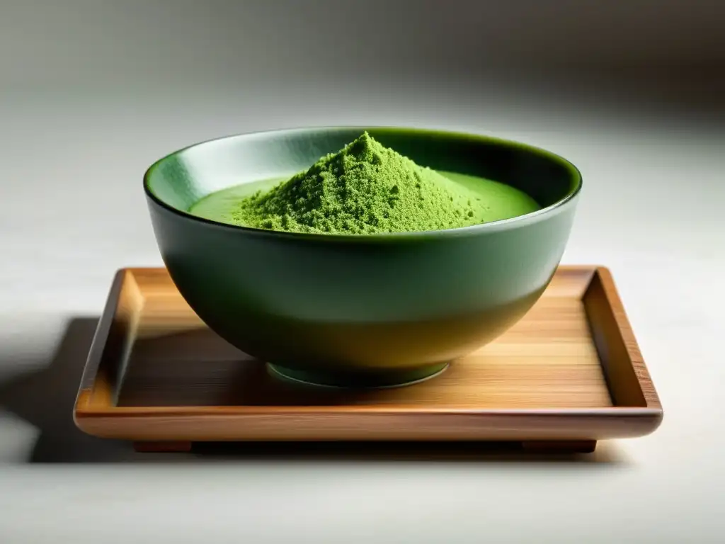 Una exquisita y detallada imagen de un delicado tazón de vibrante matcha orgánico, con espuma perfecta y polvo verde esparcido