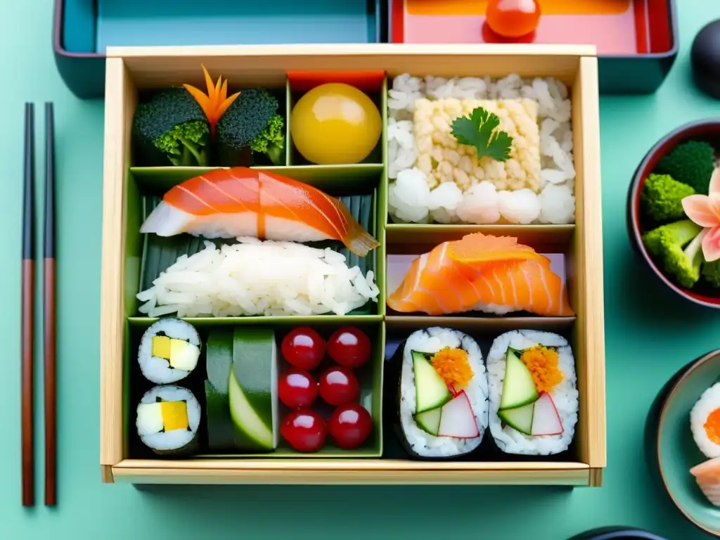 Una exquisita y detallada imagen de un hermoso bento japonés, con una variedad de platos tradicionales orgánicos y coloridos