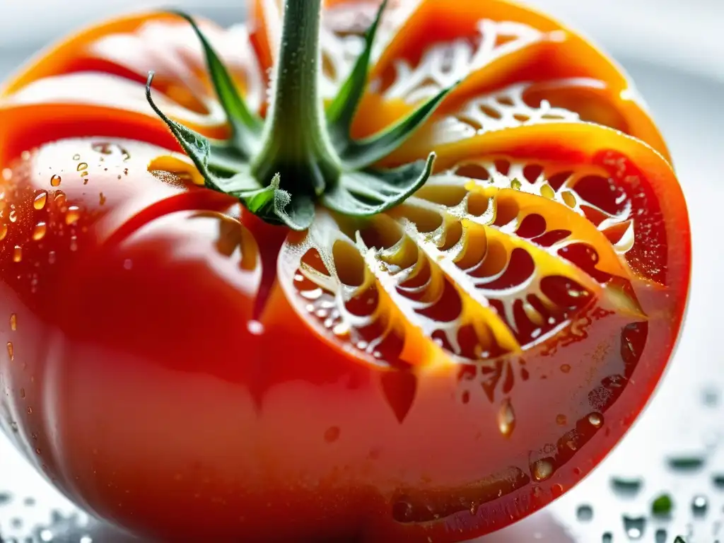 Una exquisita y detallada imagen de un tomate orgánico perfectamente maduro siendo cortado, mostrando sus patrones e texturas