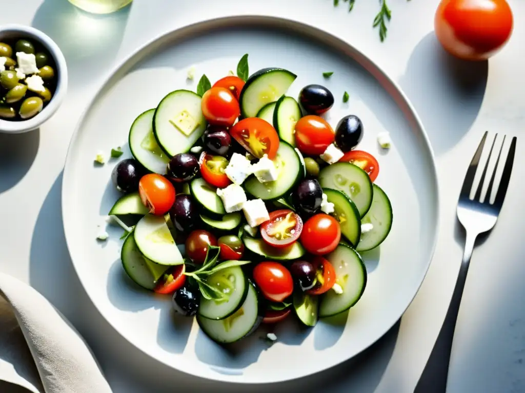 Una exquisita y elegante ensalada griega con tomates rojos, pepinos frescos, queso feta, aceitunas kalamata y aceite de oliva virgen, presentada de forma minimalista en un plato blanco