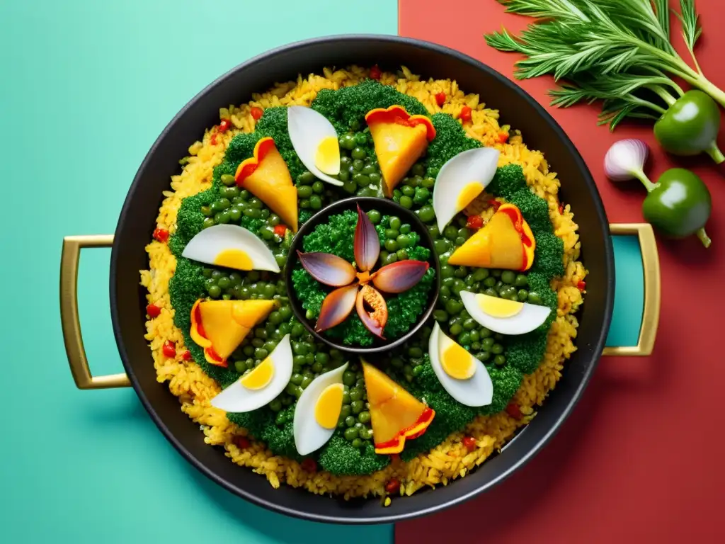 Una exquisita y elegante receta de paella orgánica española servida en una presentación minimalista, con colores vibrantes y sabores deliciosos