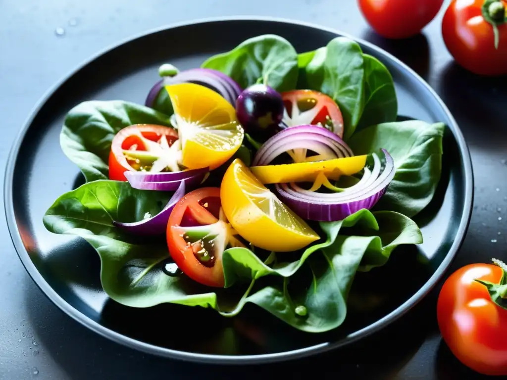 Una exquisita ensalada orgánica recién cosechada, con ingredientes frescos y vibrantes, en una composición minimalista