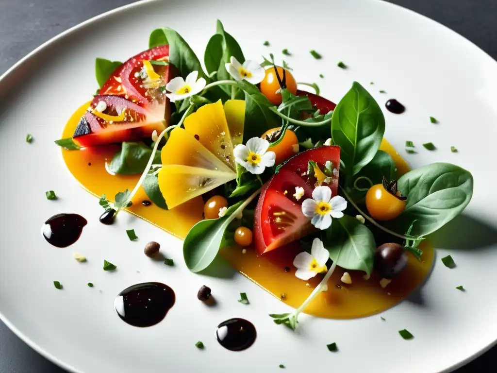 Una exquisita ensalada gourmet orgánica con tomates heirloom, hojas verdes y flores comestibles, en un elegante plato blanco