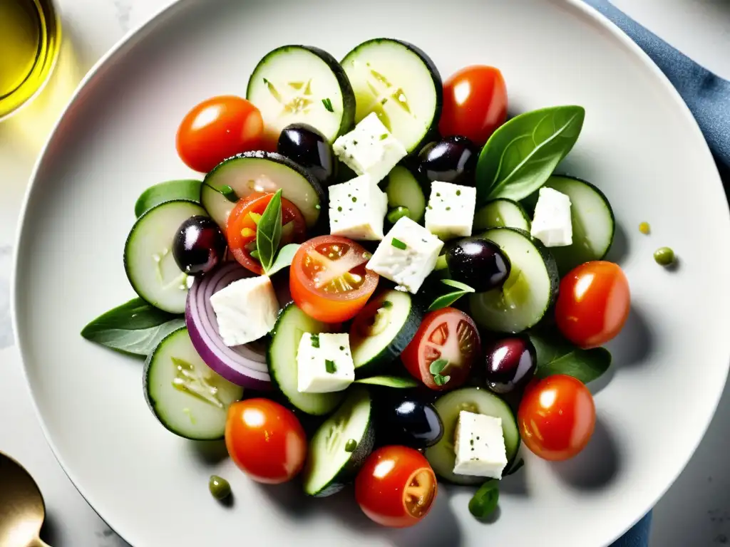 Una exquisita ensalada griega orgánica con aceitunas, feta, tomate, pepino y cebolla roja, presentada con elegancia en un plato blanco