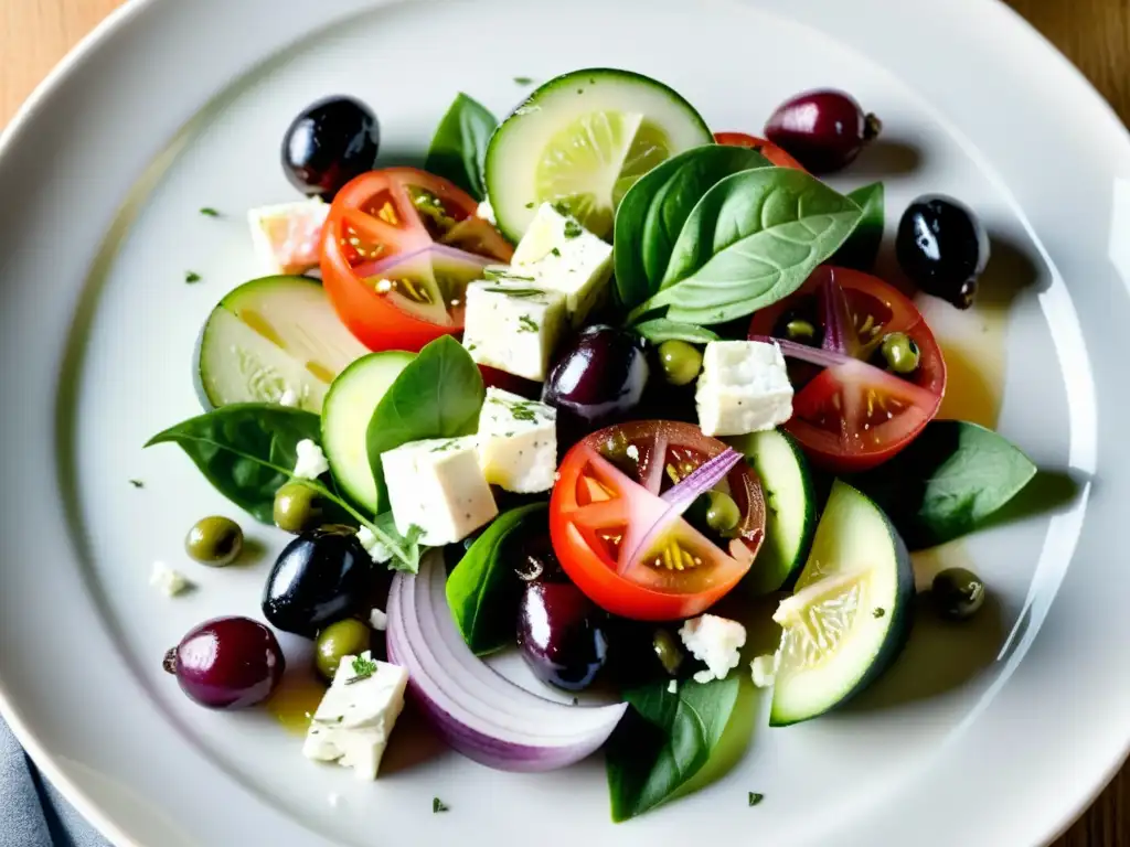 Una exquisita ensalada griega orgánica con tomate, pepino, cebolla roja, queso feta, aceitunas Kalamata, aceite de oliva y orégano fresco