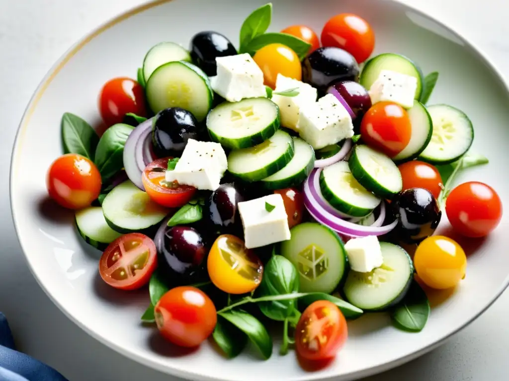 Una exquisita ensalada griega con queso feta orgánico, resplandeciendo frescura y sencillez con ingredientes naturales y vibrantes