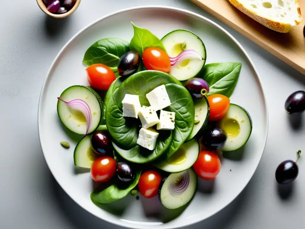 Una exquisita ensalada griega con queso feta orgánico, ingredientes frescos y coloridos, presentada en un elegante plato blanco