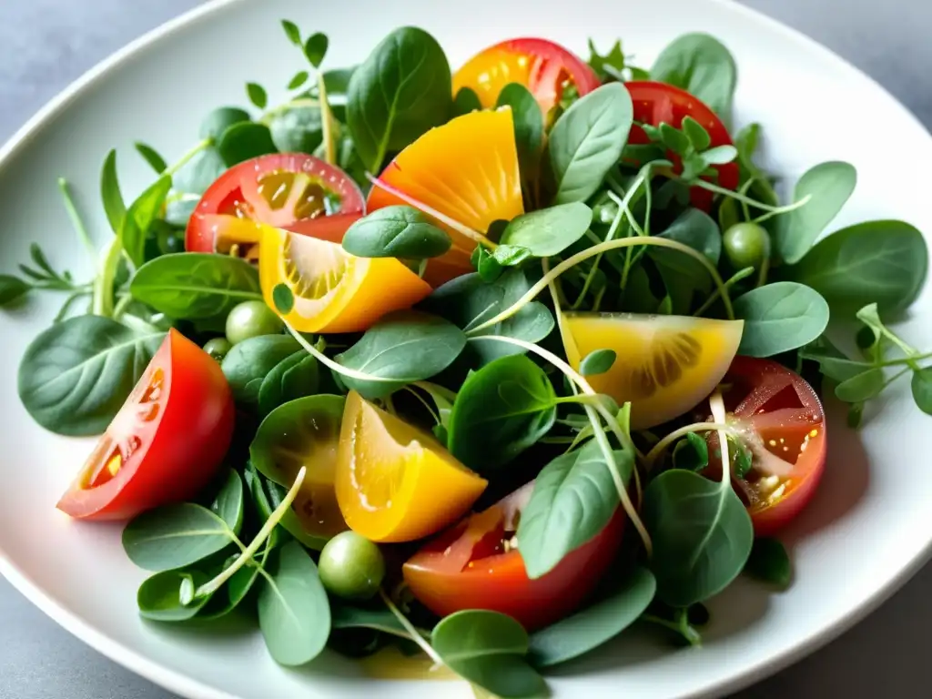 Una exquisita ensalada orgánica fresca, con tomates heirloom, verduras y microgreens, resaltando la frescura y beneficios ensaladas orgánicas frescas