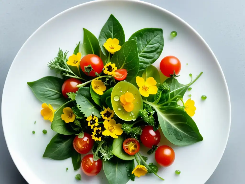 Una exquisita ensalada orgánica fresca y nutritiva con una vibrante variedad de ingredientes y una presentación artística en plato blanco