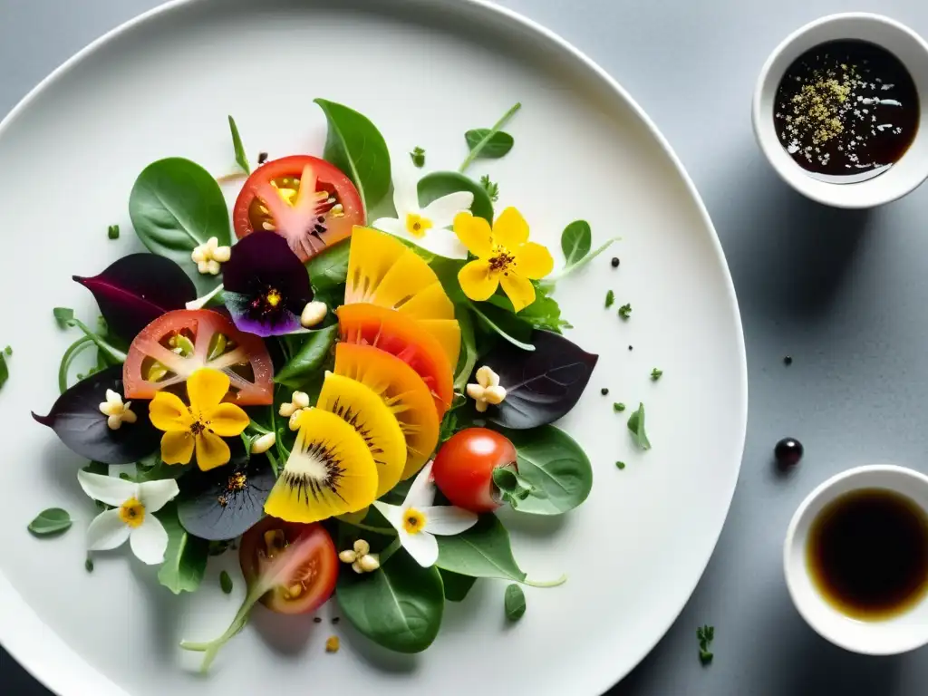 Una exquisita ensalada orgánica gourmet con tomates heirloom, verdes frescos, flores comestibles y balsámico, presentada de forma artística en un elegante plato blanco