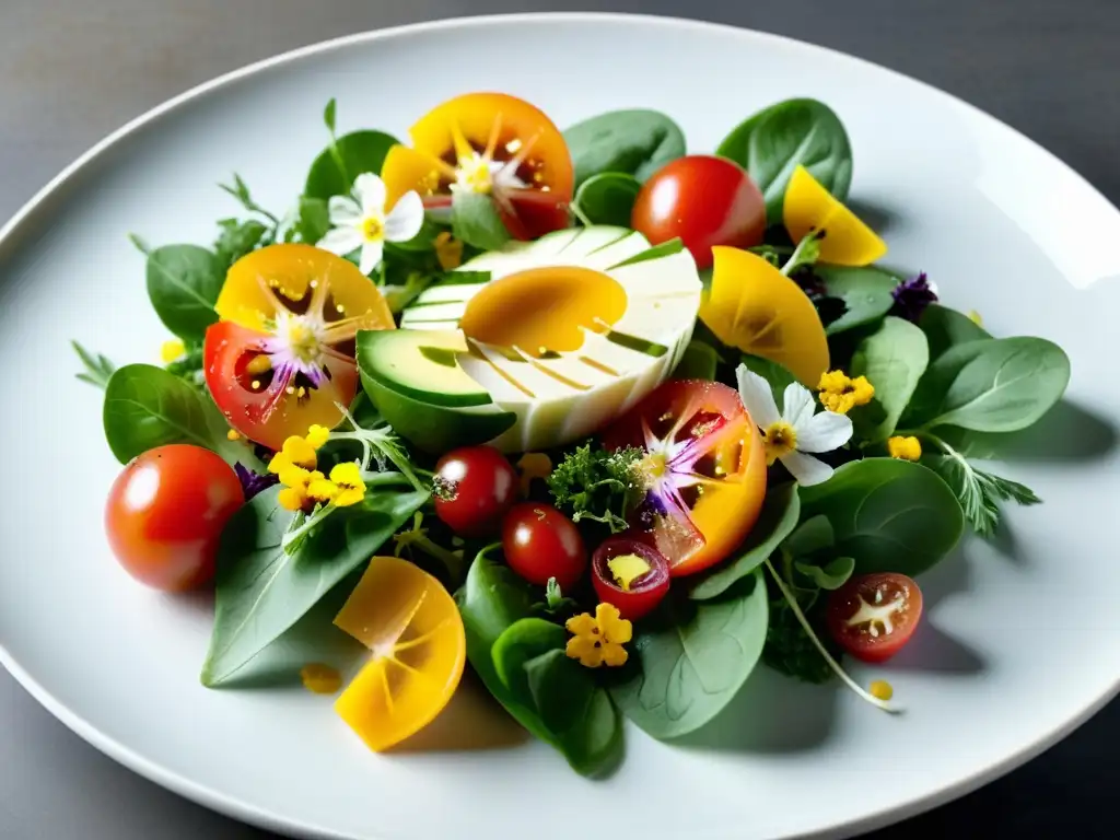 Una exquisita ensalada orgánica con tomates, vegetales frescos y queso artesanal, en una presentación moderna y vibrante