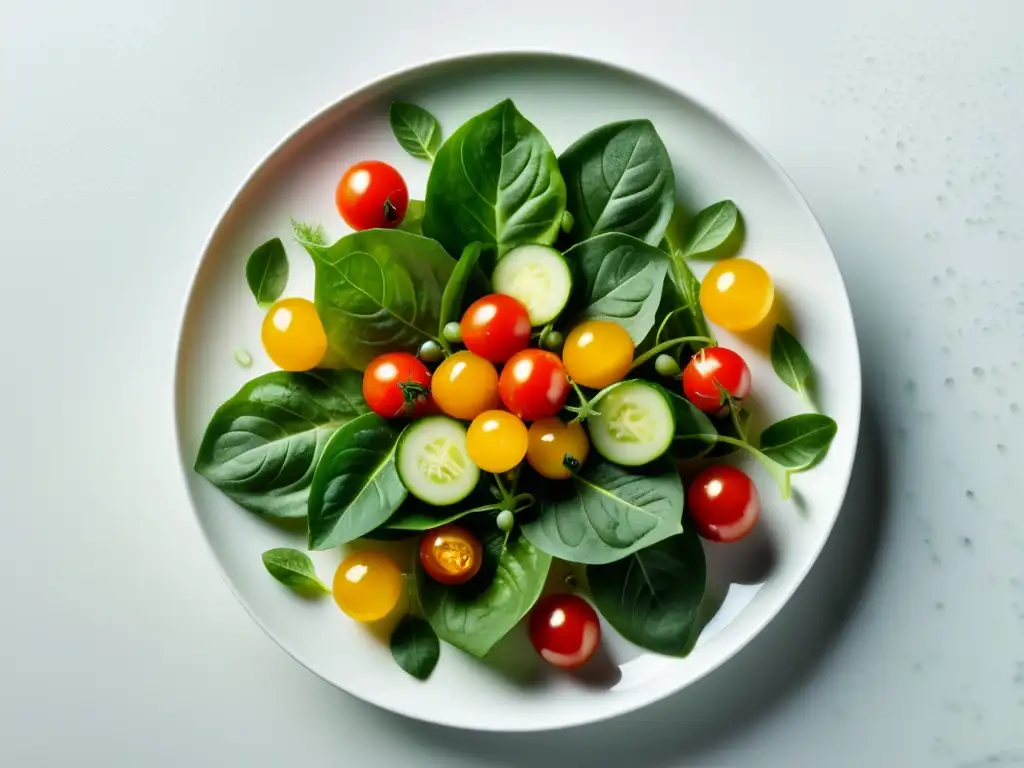 Una exquisita ensalada orgánica sin cocinar con tomates cherry, pepinos y vegetales frescos en un elegante plato blanco