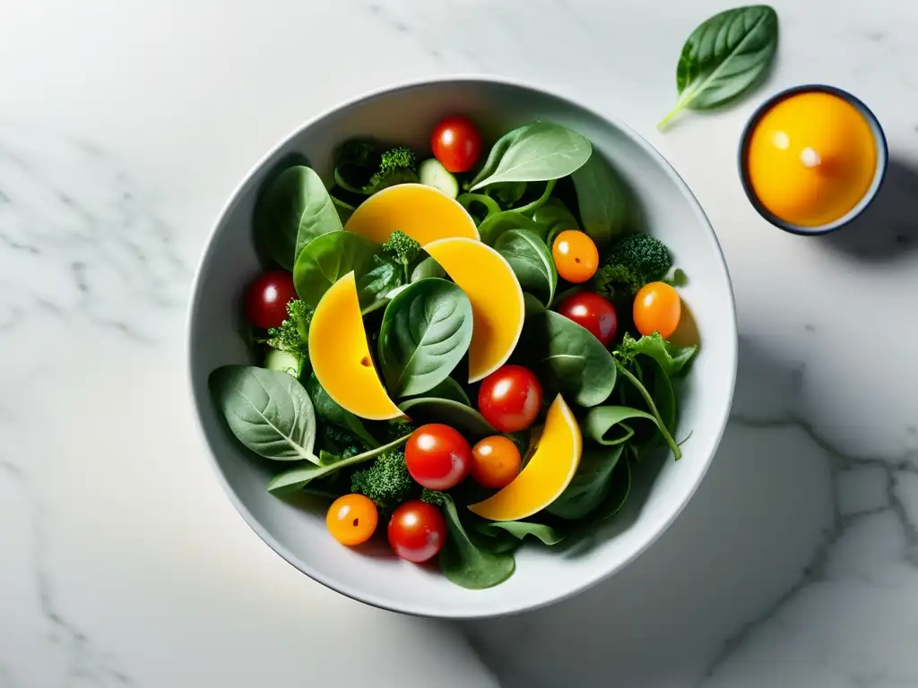 Una exquisita ensalada orgánica con vegetales vibrantes y frescos, servida en un elegante bol sobre una mesa de mármol blanco