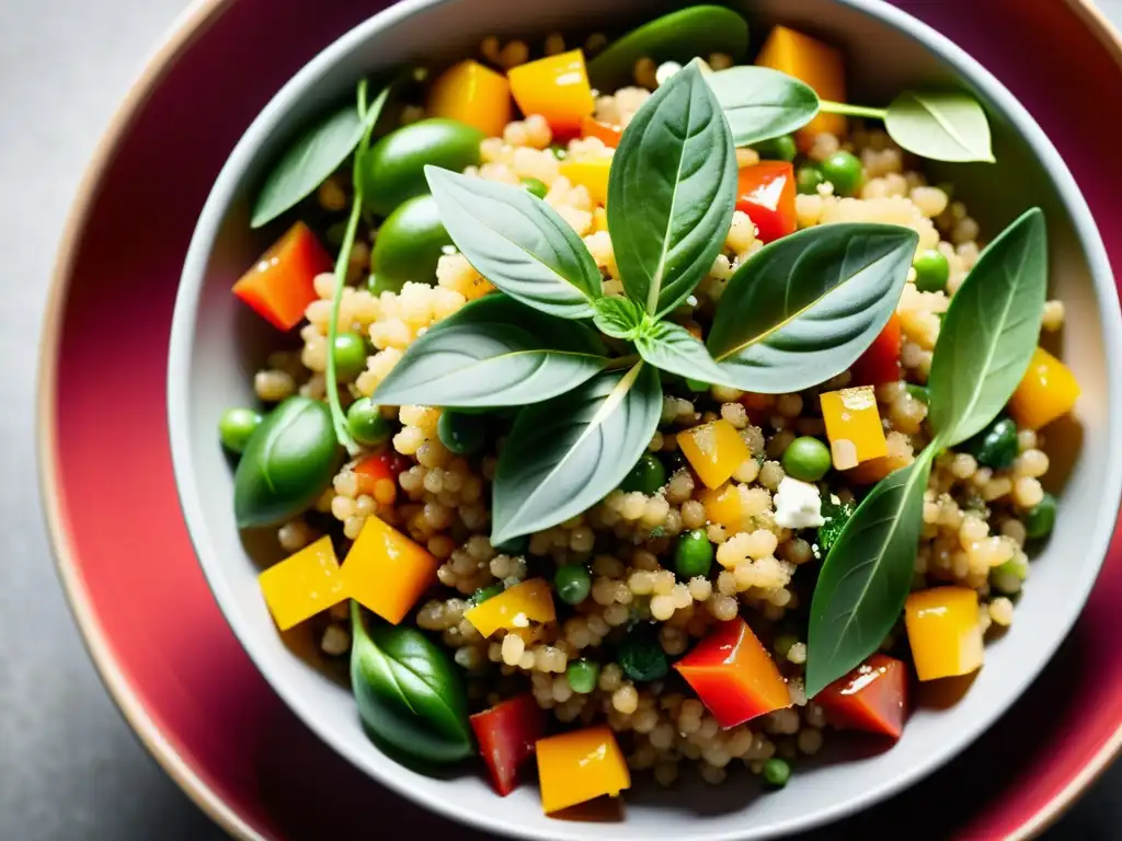 Una exquisita ensalada de quinua orgánica con vegetales frescos y hierbas en un moderno tazón minimalista