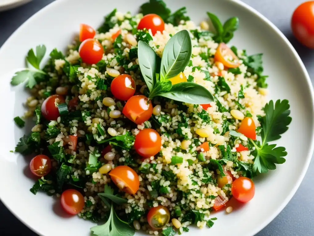 Una exquisita ensalada tabbouleh árabe orgánica con bulgur, tomate, perejil y cebolla, presentada en un plato blanco