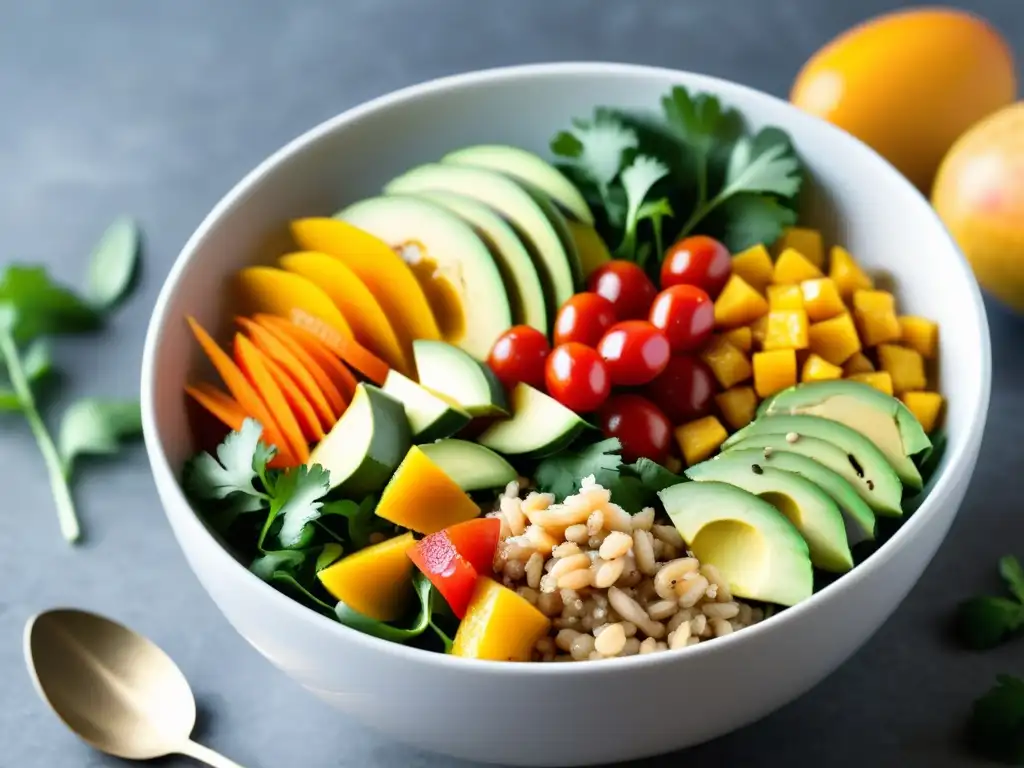 Una exquisita ensalada de quinoa tailandesa orgánica, con colores vibrantes y una presentación artística en un tazón blanco