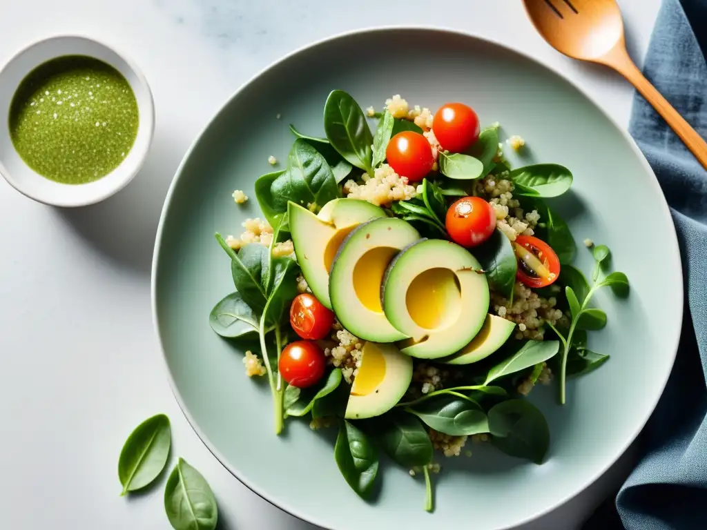 Una exquisita ensalada de quinoa y vegetales frescos, con un toque de sésamo y aderezo ligero