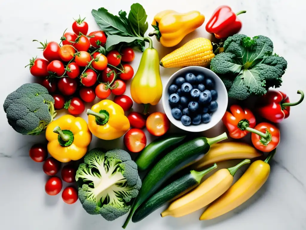 Una exquisita exhibición de alimentos orgánicos frescos, con fresas maduras, arándanos jugosos, kale, pimientos rojos y calabacines amarillos