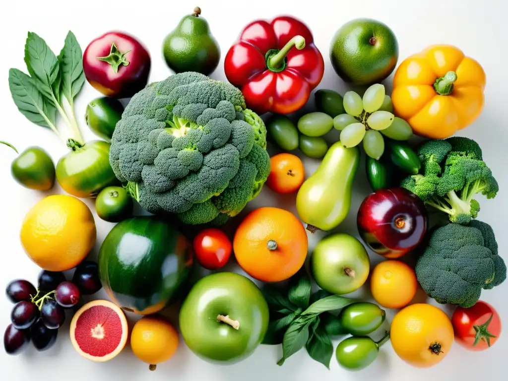 Una exquisita exhibición de alimentos orgánicos en trastornos alimenticios, resplandeciendo en su frescura y vitalidad sobre un fondo blanco