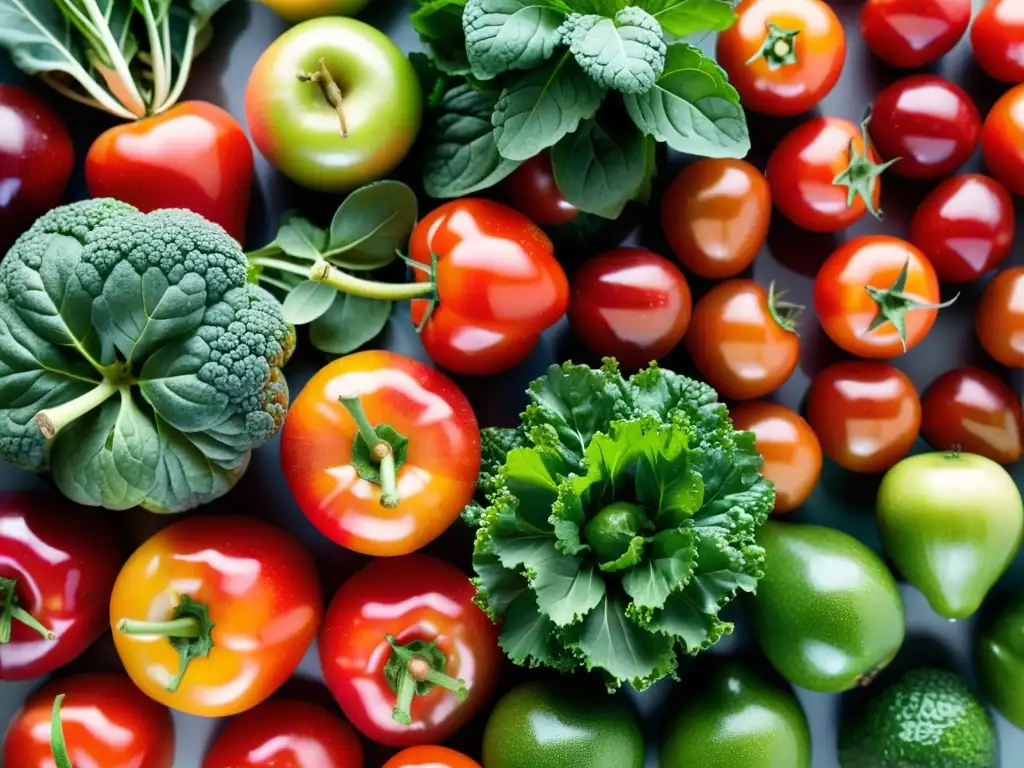 Una exquisita exhibición de frutas y verduras orgánicas frescas, radiantes y apetitosas