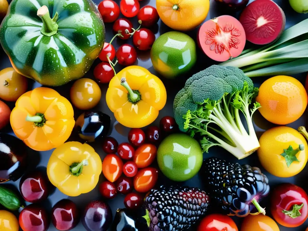 Una exquisita exhibición de frutas y verduras orgánicas, reflejando la esencia de la alimentación orgánica para una mente consciente