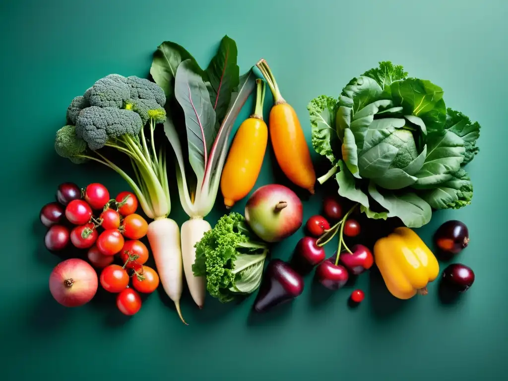 Una exquisita exhibición de frutas y verduras orgánicas, evocando pureza y vitalidad