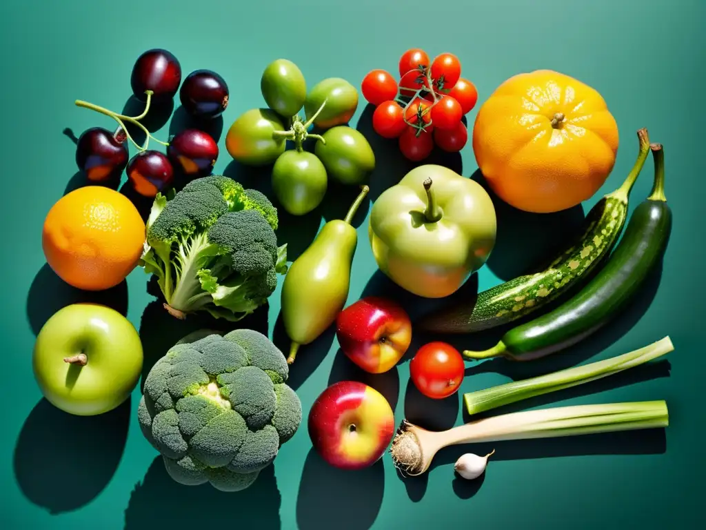 Una exquisita exhibición de frutas y verduras orgánicas, resaltando su frescura y vitalidad