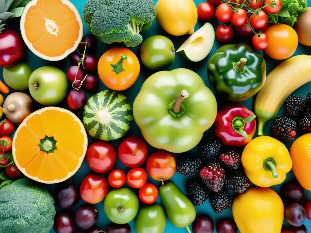 Una exquisita exhibición de frutas y verduras orgánicas frescas, resaltando el vínculo positivo entre alimentos orgánicos y salud mental