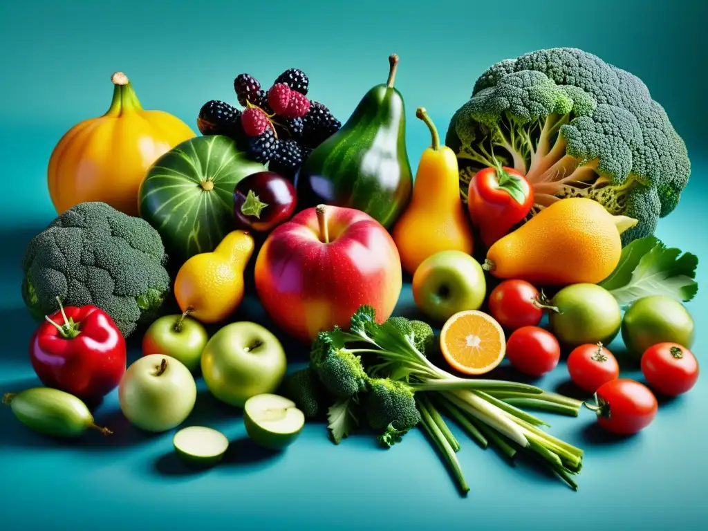 Una exquisita exhibición minimalista de frutas y verduras orgánicas, con colores vibrantes que evocan frescura y salud