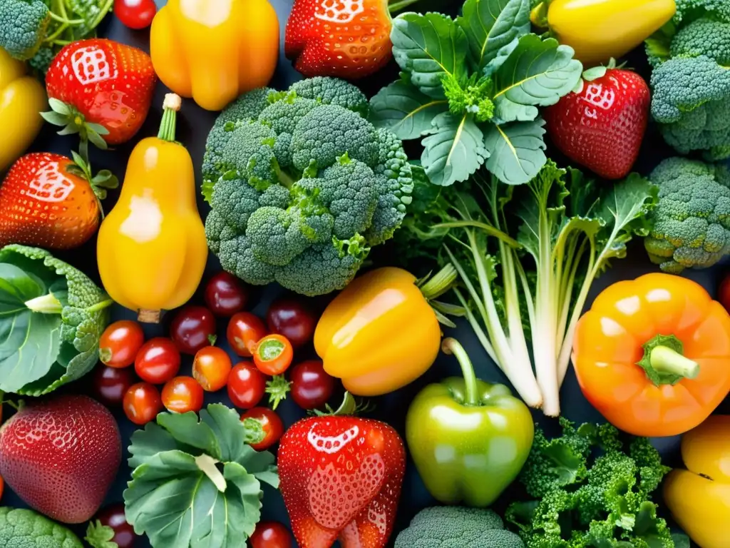 Una exquisita exhibición simétrica de frutas y verduras orgánicas vibrantes resaltando sus beneficios antioxidantes