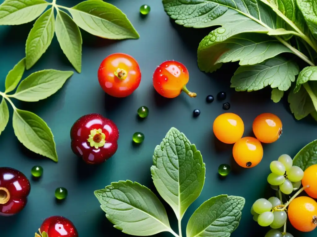 Una exquisita exhibición de bayas y verduras orgánicas, resaltando sus beneficios antioxidantes en una composición visualmente impresionante