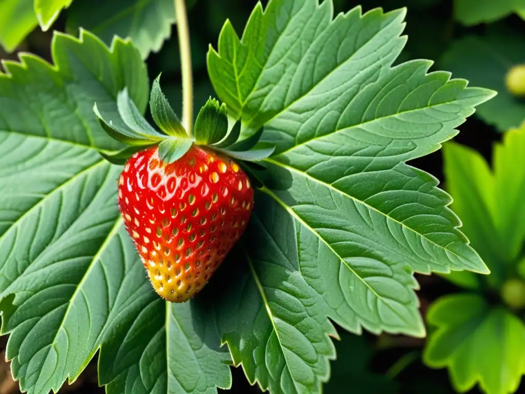 Una exquisita fresa madura sobre hojas verdes, enfocando la importancia de las certificaciones orgánicas en el marketing de productos naturales